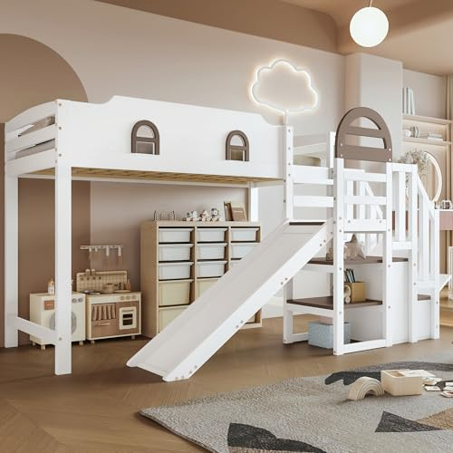 ZYLOYAL10 våningssäng, barnsäng med fönster, med barnrutschkana, trappor med ledstång, med 2 skåp i trappan, mångsidig design, gott förvaringsutrymme, furu + MDF, vit + brun, 90 x 200 cm