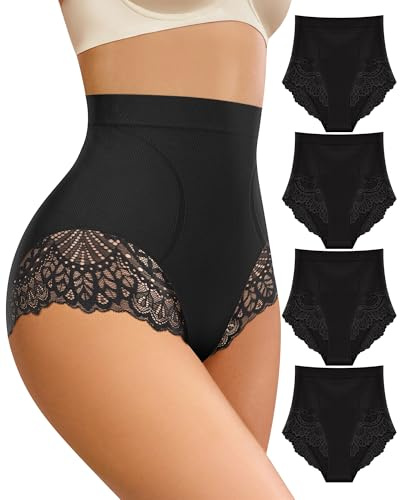 MIOTAN Lot de 4 Culottes Gainantes Femme Taille Haute Ventre Plat Sculptantes Slip Respirantes Dentelle, Noir, M