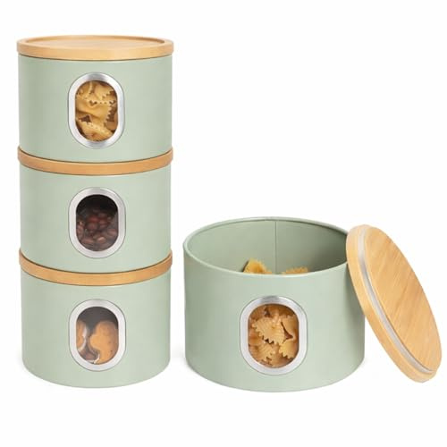 LENAK Tea Coffee Sugar Canister Set, Stackable Airtight Food Storage, Kitchen Storage Containers, Jars Tin With Transparent Window (Sage Green)