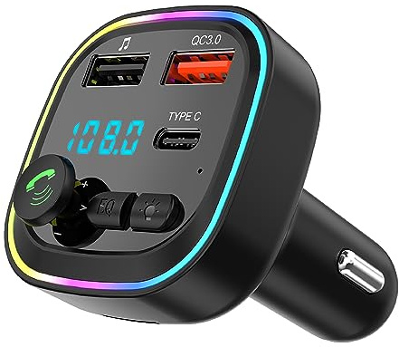 Devil'S Transmisor FM Bluetooth 5.3, Adaptador inalámbrico Manos Libres para Coche, QC3.0 Carga Rápida Reproductor MP3 Bluetooth inalámbrico, 2 USB+1 Tipo C, Llamadas Manos Libres, Soporte USB