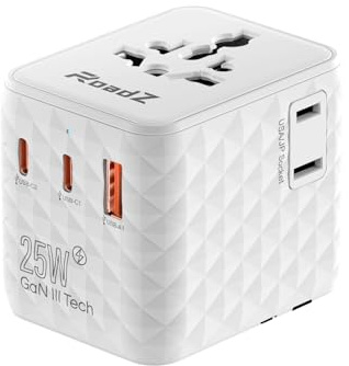 RoadZ Adattatore da viaggio in tutto il mondo, PD 25 W, spina da viaggio universale con 1 presa USB, 2 prese USB-C e 1 AC, raffreddamento rapido in nitruro di gallio, dotato di doppio fusibile per