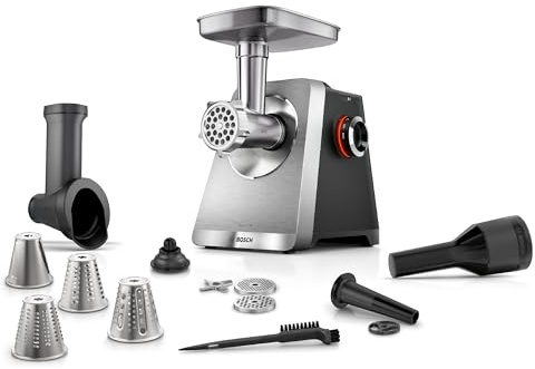 Bosch, Tritacarne MultiPower Serie 8, motore da 2500 watt, tritacarne, grattugia, accessorio per salsicce e kebbe, colore nero, MFWS840M