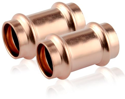 2 stycken pressbeslag i koppar, 22 mm presskoppling rör, kopparpresshylsa för dricksvatten och värmesystem, pressmuffkoppling för rörets ytterdiameter 22 mm, för pressning V-kontur