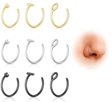 DAILI 9 st titan falsk näsring guld, 20 g falsk näsa piercing söt falsk septum ringar icke-piercing liten klämma på silver näsring 8 mm ring svart ros guld näsringar för kvinnor män