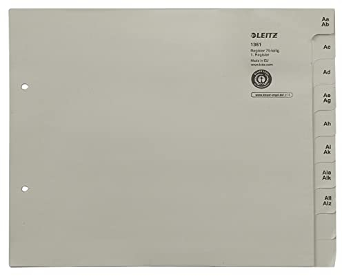 Leitz Register, Trennblätter mit Taben und alphabetischem Aufdruck A-Z für 75 Ordner, Halbe Höhe und Überbreite, Grau, 100% recyceltes Papier, Blauer Engel Siegel, 13510085
