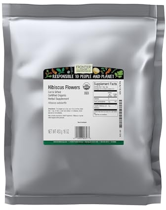 Frontier Co-op Organic Hibiscus Flowers, 16 Ounce, Sun Dried Bright Red Color, Fruity Flavor, Non Irradiated, Non ETO, Kosher