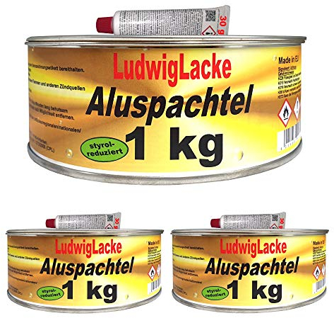 LudwigLacke Alu Spachtelmasse 3 x 1 kg inkl. Härter – Aluminium Reparaturspachtel für Auto, Karosserie, Metall & GFK – hitzebeständig, leicht schleifbar