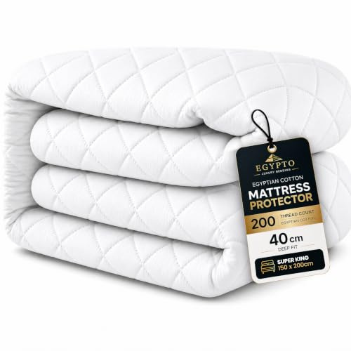 Egypto Egyptian Cotton Quilted Super King Mattress Protector | 40cm Extra Deep Skirt | Hollowfibre Filled Box Quilting Mattress Cover | 200 Thread Count | Breathable & Anti-Allergy (200 × 180 Cm)