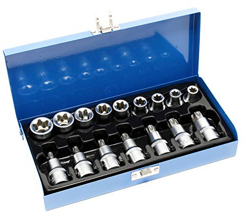 WilTec Jeu de douilles torx mâle 16 pièces Douilles avec entraînement de ½ Acier Chrome vanadium Coffret