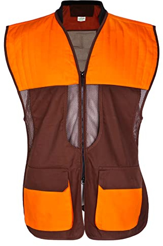 AUSCAMOTEK Upland Field Vest for Deer Bird Hunting with Brown and Blaze Orange, Adjustable, Multiple Pockets, and Recoil Pad XL/XXL