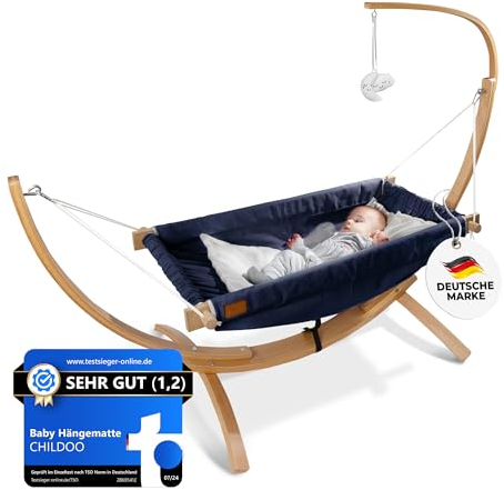 CHILDOO Baby Hängematte [QuickFix-Schlaufe] Babywiege Babybett Federwiege mit Gestell Babyschaukel Babywippe für Kinderzimmer, Esszimmer, Wohnzimmer | Blau