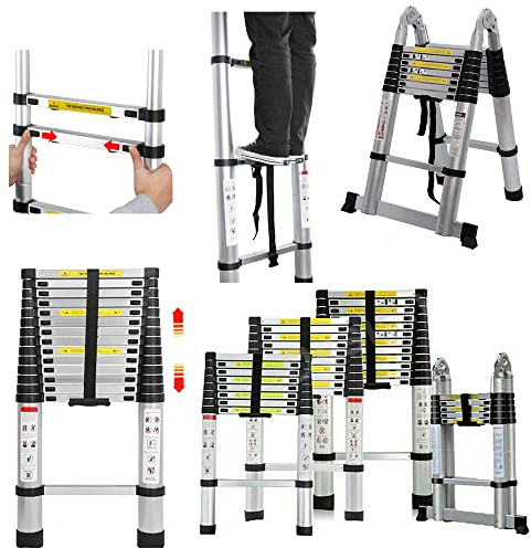 3,8M Échelle Multifonctions, échelle Télescopique, échelle Pliante en Stainless Steel échelle à Poser échelle Multifonction Extensible Pliable Charge Max 150 kg