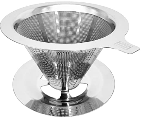 NEOUZA Verter sobre el gotero de café, filtro de café reutilizable, verter sobre la cafetera, diseño de doble malla de filtro de cono de acero inoxidable (1-4 tazas)