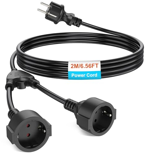 KEAGAR Skyddskontakt förlängningskabel utomhus, AC Schuko plastkabel 2-vägs uttag, dubbel kontakt IP44, 3 x 1,0 mm², upp till 250 V/16A, svart, 2 m