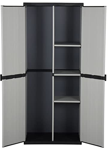Tidyard Kunststoffschrank Balkonschrank Gartenschrank Putzschrank Kellerschrank Lagerschrank mit 2 Türen und 3 Fachböden Grau & Schwarz 68x40x168 cm