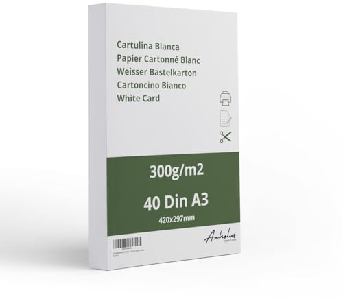 40 Kartonpapier A3 Weiß 300gr/m2 - Packung mit 40 Blatt 42x29,7cm Zeichenkarton - Dickes papier a4 zum drucken - Bastelkarton a3 zum Ausschneiden, Malen, Zeichnen und Bedrucken