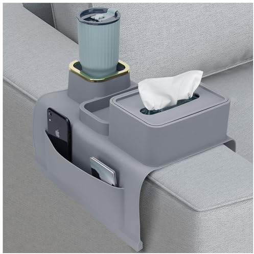Leyimaoyi Sofatablett Armlehne Silikon - rutschfeste Getränkehalter Sofa Tablett mit Tücherbox,Couch Organizer Becherhalter für Fernbedienung Smart Phone Zeitschriften Drinks