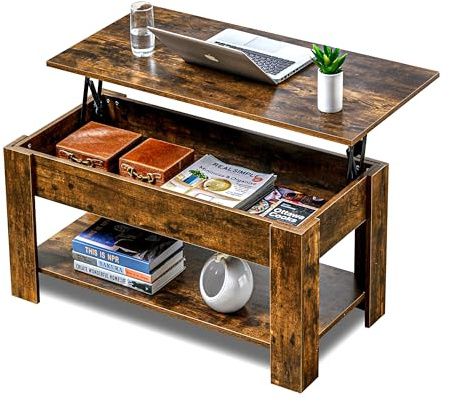 Wood Coffee Table, Coffee Table with Storage, Lift Top Coffee Tables for Living Room with Storage Shelf Rectangular Lift-Top Sofa End Tea Table for Living Room, Rustic Brown, 100L x 50W x (42-57)H cm