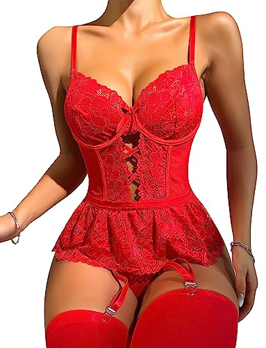 FEOYA Women's Sheer Mesh Garter Belt Corset Set Garter Lingerie Set Lace Bodysuit Sexy Suspenders Belt Garter Belt Lingerie Leotard Outfits Underwear Red