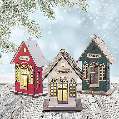 3 Stück Weihnachtsdorf mit Beleuchtung, Wichtelhaus mit Licht, Weihnachtsdeko Holz LED, Weihnachtshaus Deko, Wichteltür Weihnachten, Weihnachtsdeko Amerikanisch Innen Mini Weihnachtsstadt Außen Garten