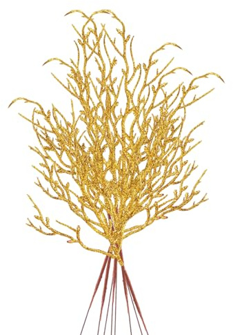 Fadcaer 12 Pack Artificial Glitter Berry Stem Ornaments, Christmas Glitter Berries Stems, Christmas Artificial Berry Twig Glitter Sticks Decorative for DIY Crafts Wreath Christmas Tree Decor (Gold)