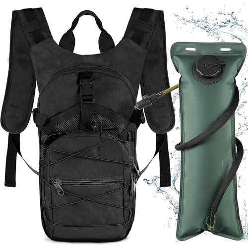 Neloheac Jogging Trinkrucksack Militär mit 3L Trinkblase, Taktischer Wander Tagesrucksack Damen Herren, Fahrradrucksack mit Wasserblase für Radmotor Laufen Camping, Schwarz