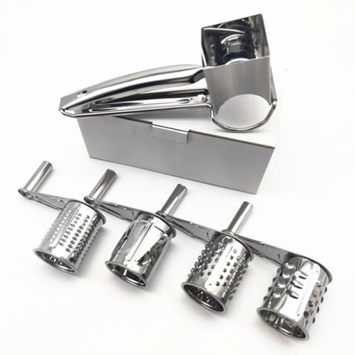 Stainless Steel Rotary Cheese Grater, Handheld Rotating Cheese Slicer with 4 Stainless Drums, Portable Food Cutter Shredder, Grinder Kitchen Kit