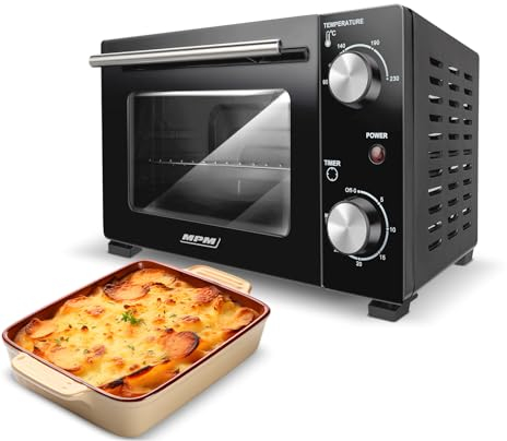 MPM - MPE-13 - Mini-Backofen - Freistehend - 10 L- mit Ober-/ Unterhitze - mit Backblech und Gitter - 4-stufige Temperaturreglung 90-230°C - mit Drehknopf - Pizza-Ofen - Klein - Schwarz