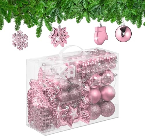 Relaxdays Weihnachtskugeln 100er Set, glitzernd, matt & glänzend, Baumschmuck, Kunststoff, Verschiedene Designs, rosa