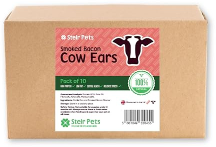 Cows Ears for Dogs (Smoked Bacon Flavour, Pack of 10) - 100% Natural Dog Treats - Low Fat Alternative to Pigs Ears for Dogs and Puppies Over 4 Months Old