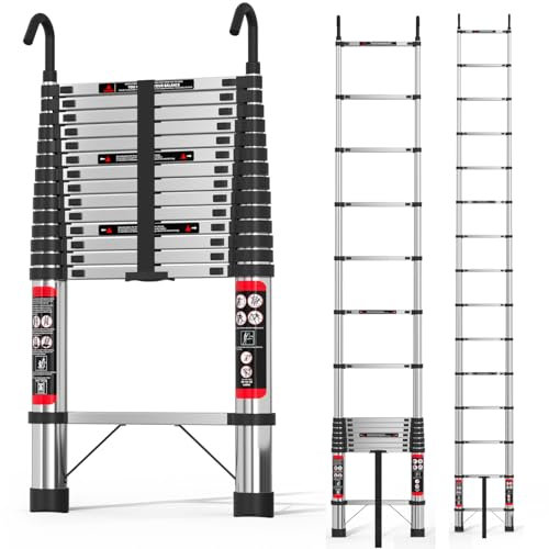 Échelle télescopique 5m avec Crochet Amovible en Acier Inoxydable Robuste échelle Pliable Polyvalente de 16,5 Pieds, Plus Robuste et Plus Durable Que l'échelle en Aluminium