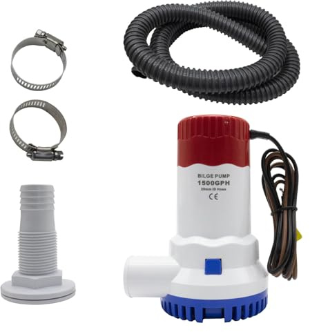 AIRTAK 1-1/8 Inch 1500GPH Electric Bilge Pump Kit - 12V Submersible Boat Bilge Water Pump with Thru-Hull Fitting & 2 Stainless Steel Clamps - Compatible with Yachts, Pools, and Marine Applications