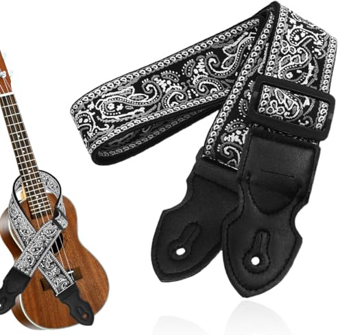 Correa de Guitarra, Bordado Jacquard de Las Correas de Guitarra de Algodón con Extremos de Cuero de Caballo Loco para el Bajo, Eléctrico y Acústico