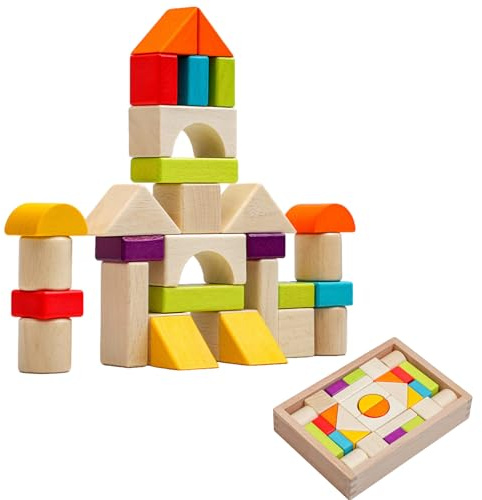 Eruceky 30 Pezzi Mattoncini da Costruzione in Legno, Mattoncini in Legno Naturale, Cubetti da Costruzione di Varie Forme, Regalo Bambino e Bambina