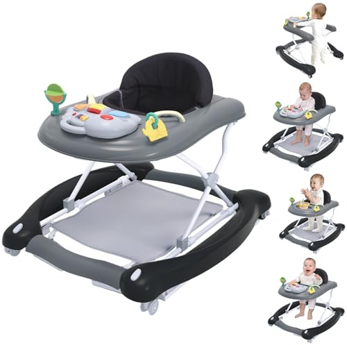 5 in 1 Foldable Baby Walker,Activity Baby Walker-Baby Bouncer,Rocker,Activity Center,Seat and Push Walker,Detachable Footrest Mat,Adjustable Speed Rear Wheels and Height,Ages 6-18 Months (Black)