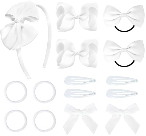 Set med 15 Håraccessoarer för Flickor, Vit, Svart Rosett Diadem, Hårspännen, Hårband, Hårtillbehör för Barn, Flickor, Småbarn, Tonåringar