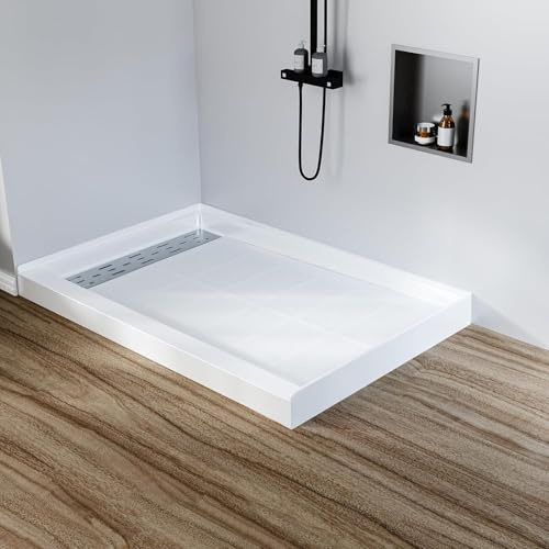 60 x 32 Shower Base, Non-Slip Shower Pan,Left Drain and Removable Stainless Square SS Cover,Single Threshold Floor Shower Tray Kit for Easy Installation, White