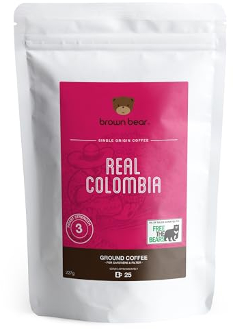 Colombian Ground Coffee 227g - Medium Roast - For French Press Cafetiere Filter Drip V60 Aeropress - Brown Bear Colombia Arabica Coffee - Donation to Free The Bears - Columbia