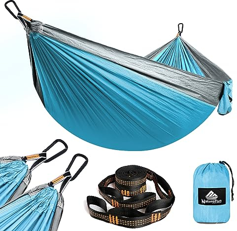 NATUREFUN Ultraleichte Reise Camping Hängematte | 300kg Tragkraft (275 x 140 cm) Atmungsaktiv, Schnelltrocknendes Fallschirm Nylon | 2 x Premium Karabiner,2 x Schlingen| Drinnen Draußen Garten