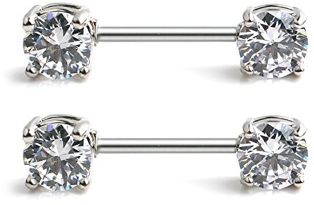 Ruifan 316L Stainless Steel 5mm Double Front Facing Clear Round CZ Nipple Shield Barbell Ring Bar Body Piercing 14G Sold As Pair - Steel