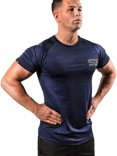 Satire Gym - Camiseta de fitness para hombre – Ropa deportiva funcional – Adecuado para entrenamiento – Corte ajustado, azul marino, M