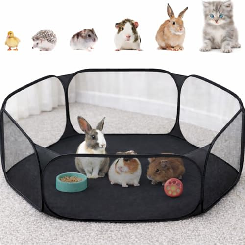 Small Animals C&C Cage Tent, Breathable & Transparent Pet Playpen Pop Open Outdoor/Indoor Exercise Fence, Portable Yard Fence for Guinea Pig, Rabbits, Hamster, Chinchillas and Hedgehogs (Black)
