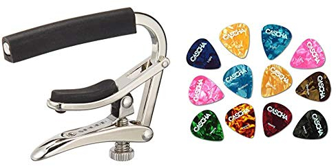 Shubb C1 Originalkapodaster für silberne Standardgitarre & CASCHA Set mit 12 Plektren, Plektrum für Akustikgitarre, E-Gitarre, Ukulele, Bass, Guitar Picks, Zubehör für Gitarre