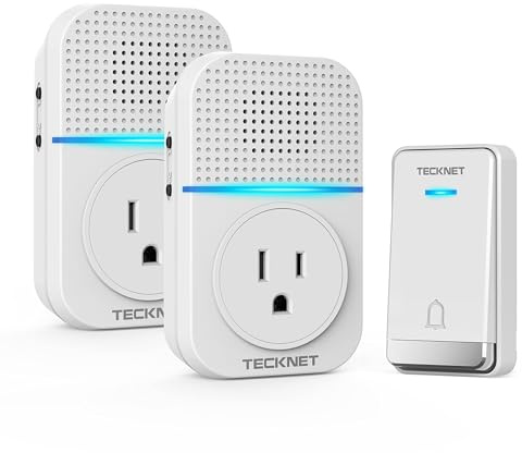 TECKNET Wireless Doorbell, Self-Powered Doorbell, 0-110db Plug-through Wireless Doorbell Ringer for Homes Classroom, IP66 Waterproof 1300ft Door Chime with Extra Socket, 60 Chimes, LED Light (White)