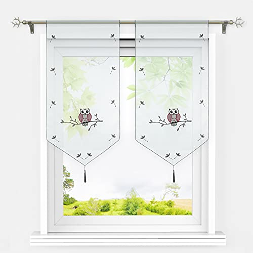 HeichkelL Voile Scheibengardinen Eule Muster Transparente Bestickte Bistrogardine mit Quaste Fenster Gardinen Tunnelzug Panneaux Kurzstores Grau BxH 40x60 cm 2 Stück