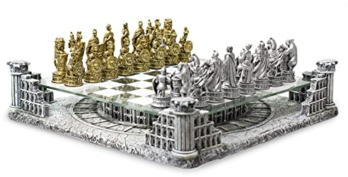BB Brother Brother Ancient Roman Gladiators 3D Chess Board Game Set, Glass Board, Handmade Gold and Silver Polyresin Chess Pieces for 2 Players
