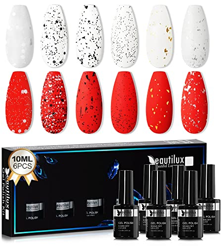 Beautilux Top Coat Esmalte Semipermanente de Uñas Soak Off UV LED Uñas de Gel No Wipe Capa Superior Set 6x10ml (Patrón de manchas mate)
