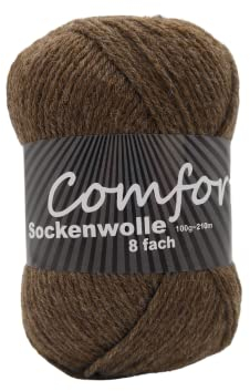 8-fädige Sockenwolle Strumpfwolle Uni – besonders warmes dickes Strumpfgarn - 100gr Knäul – 210 m Lauflänge - Nadelstärke 4,5-5,5 mm-Klassiche traditionelle Zeitlose Farben (braun 873)