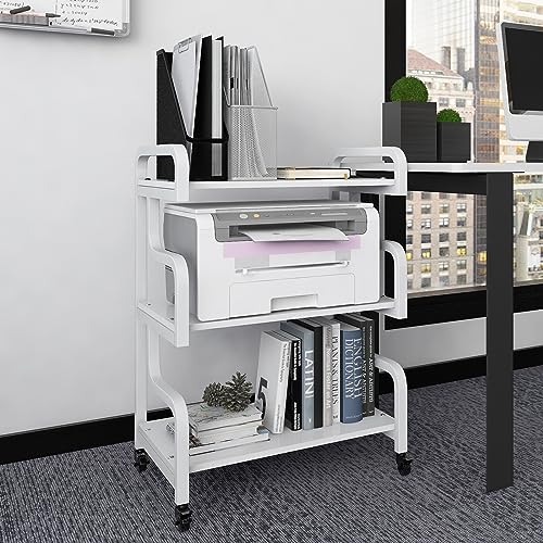 PUNCIA 3-Stufiger Druckerständer Druckertisch mit Rollen Druckerhalter mobiler Druckerregal Druckerwagen Druckerschrank Regal für Drucker Scanner Büro Schule Arbeitszimmer Home Office Weiß