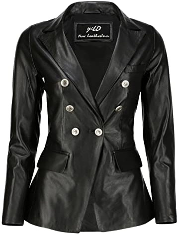 Jild Double Breasted Fancy Buttons Lambskin Leather Blazer Women - Kim Kardashian Long Sleeve Coat Style Leather Jacket Women (FC-Blk-L)